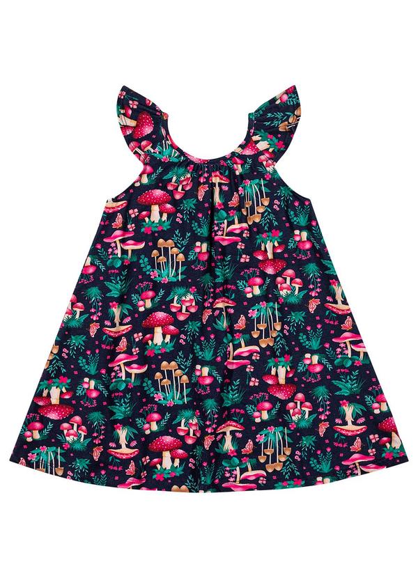 Kyly - Vestido Infantil Menina Cogumelos Azul Marinho