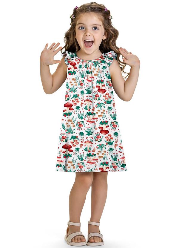 Kyly - Vestido Infantil Menina Cogumelos Branco