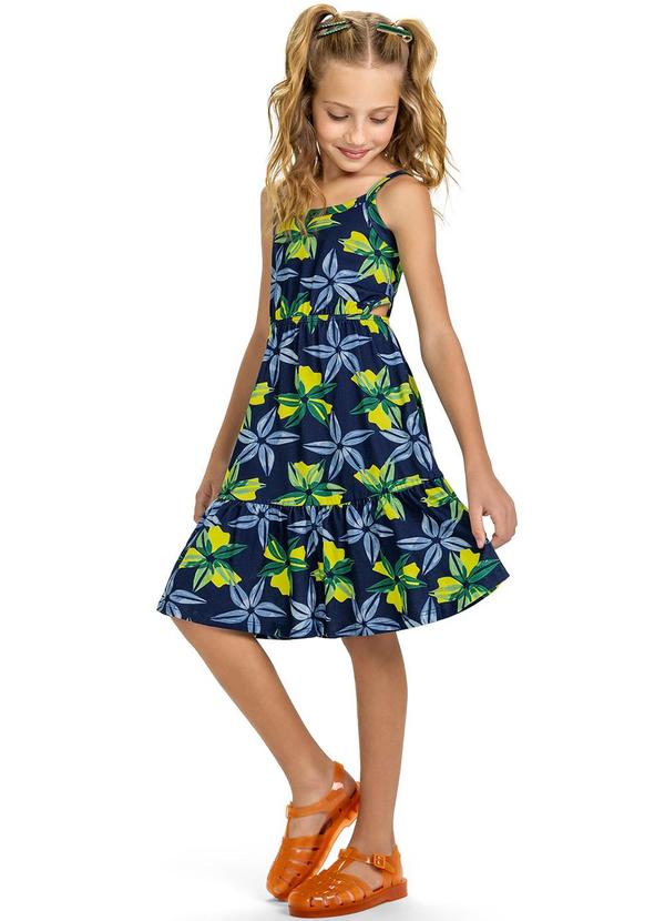 Kyly - Vestido Infantil Menina Flores Azul Marinho