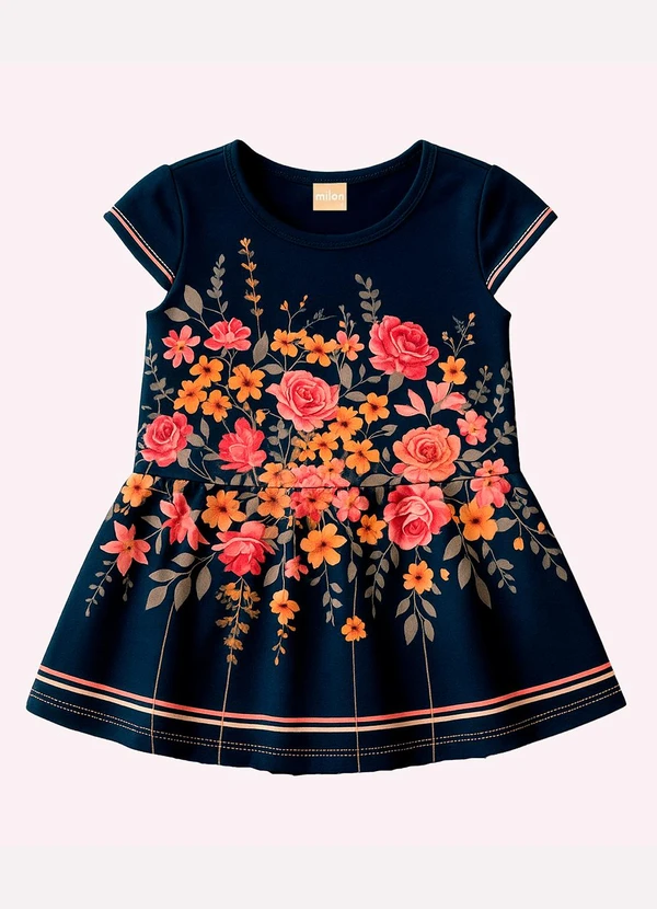 Milon - Vestido Infantil Menina Flores Azul