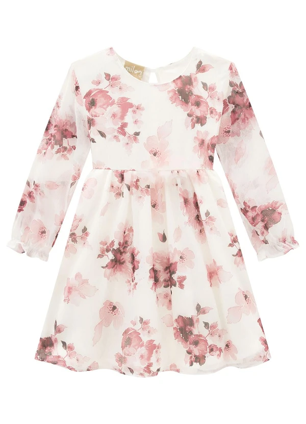 Milon - Vestido Infantil Menina Flores Off White