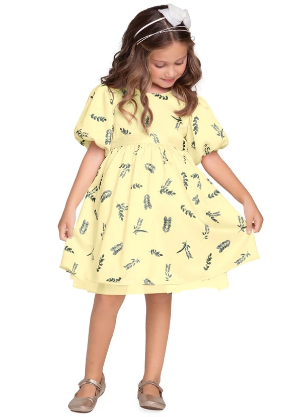 Milon - Vestido Infantil Menina Folhas Amarelo