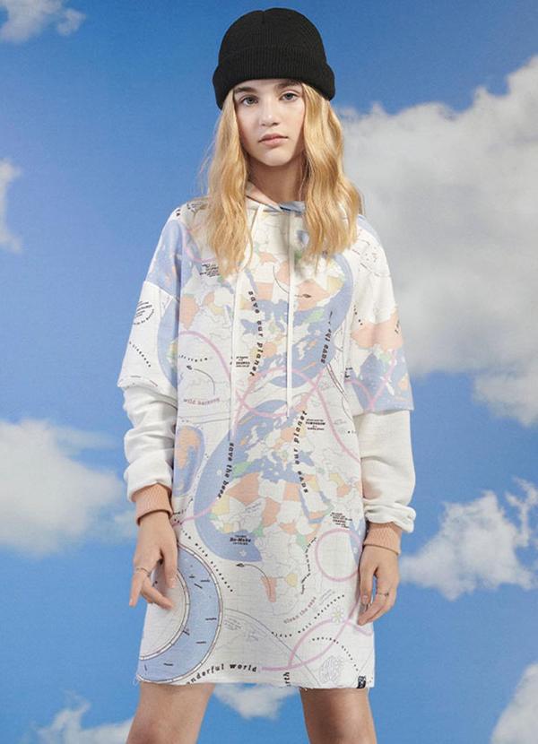 I Am - Vestido Manga Longa Mapa Branco