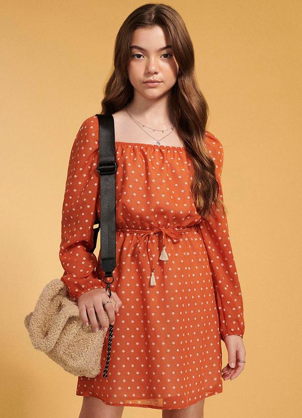 I Am - Vestido Manga Longa Margaridas Laranja