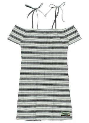 I Am - Vestido Teen Manga Curta Canelado Listrado Preto - I AM