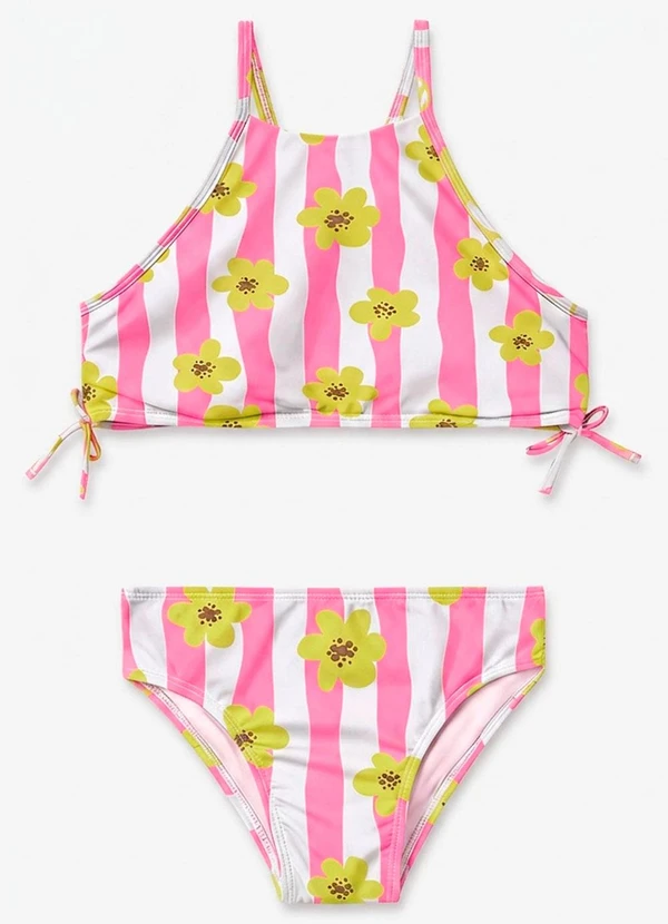 Malwee Kids - Biquíni Floral Listrado Uv50+ Rosa