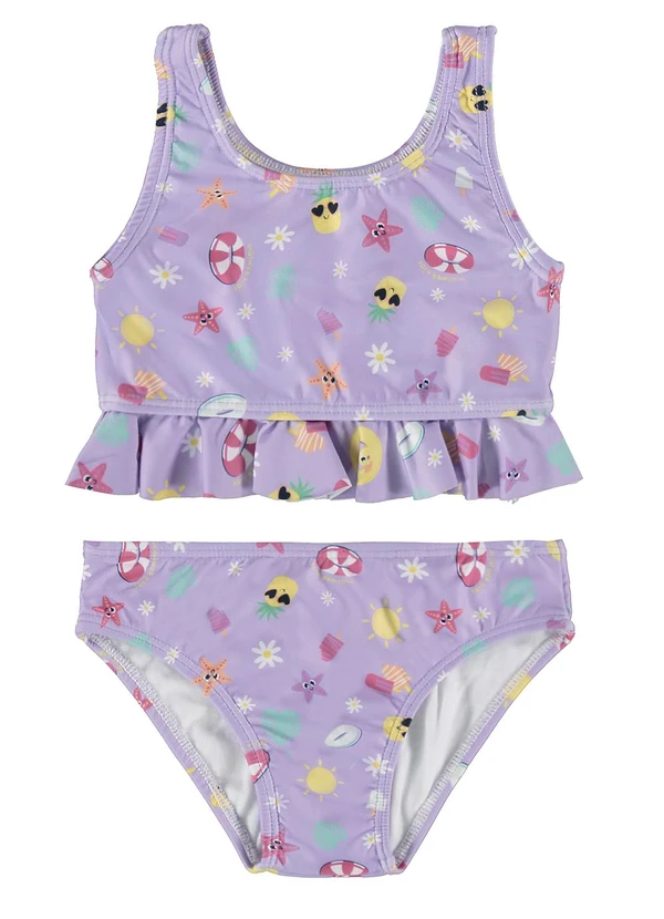 Malwee Kids - Biquíni Lilás Babados Férias de Verão Uv