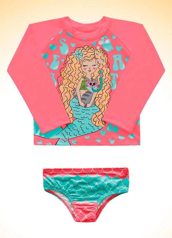Fakini Kids - Conjunto Blusa Manga Longa e Calcinha Moda Praia Rosa