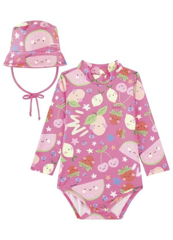 Marlan - Conjunto Body e Chapéu Bebê Proteção Uv Rosa