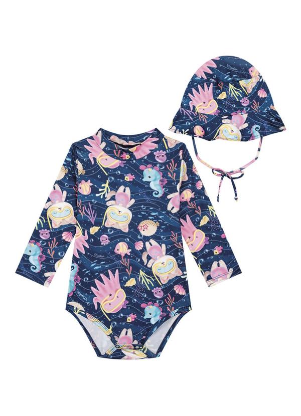 Marlan - Conjunto Body e Chapéu em Malha Proteção Uv Azul