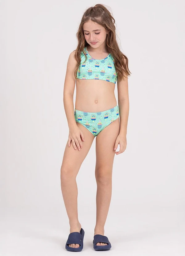 Vida Costeira - Conjunto Infantil Cropped Uv 50+ Corações Verde