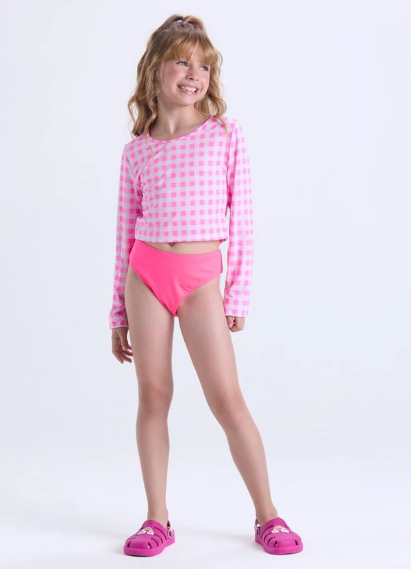 Vida Costeira - Conjunto Praia Manga Longa Uv50+ Xadrez  Rosa