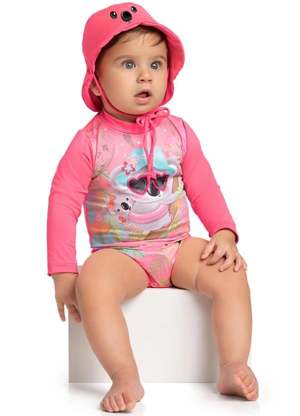 Marlan - Maiô e Chapéu Praia Bebê Proteção Uv50+ Rosa