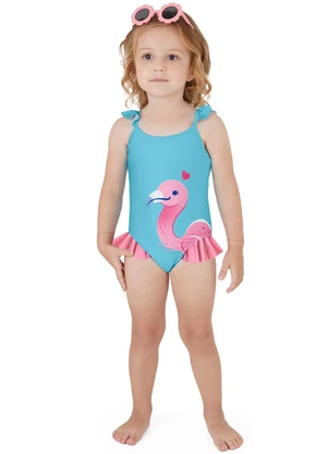Malwee Kids - Maiô Flamingo com Babado Uv Azul Turquesa - MALWEE KIDS