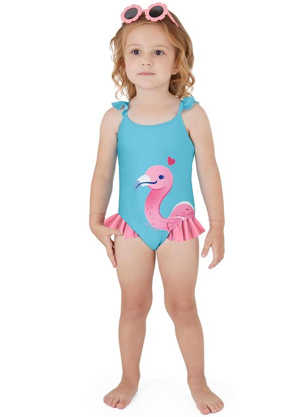 Malwee Kids - Maiô Flamingo com Babado Uv Azul Turquesa