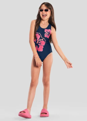 Brandili - Maiô Infantil Menina de Flores em Malha Uv Azul - BRANDILI