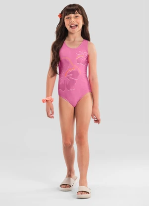 Brandili - Maiô Infantil Menina de Flores em Malha Uv Rosa - BRANDILI