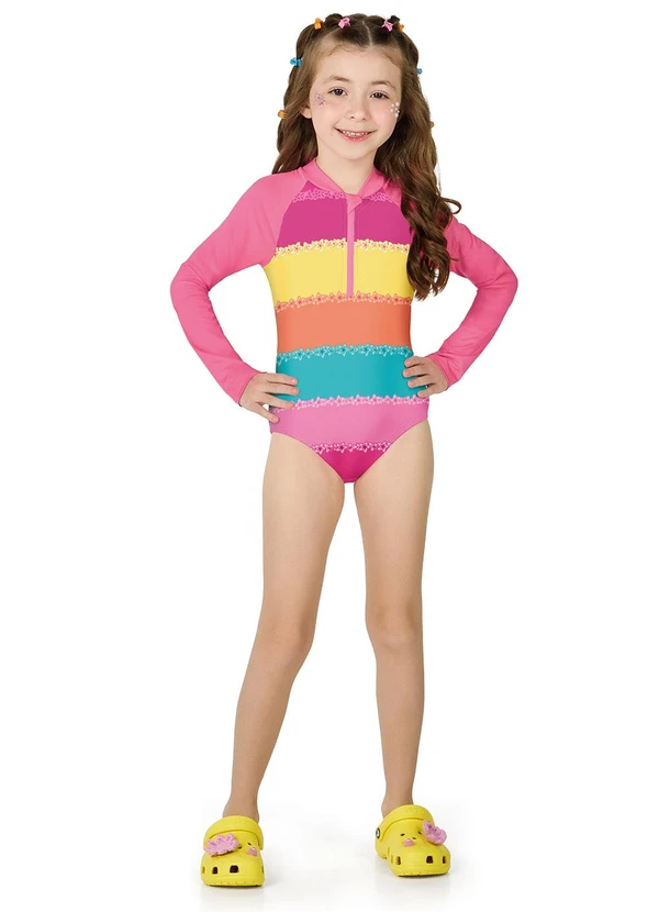 Marlan - Maiô Infantil Menina Manga Longa com Zíper Rosa