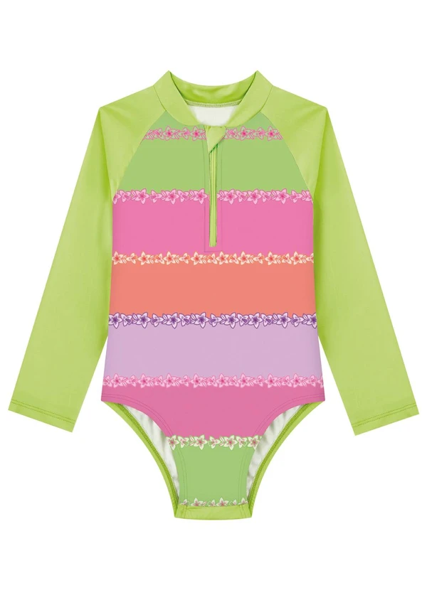Marlan - Maiô Infantil Menina Manga Longa com Zíper Verde