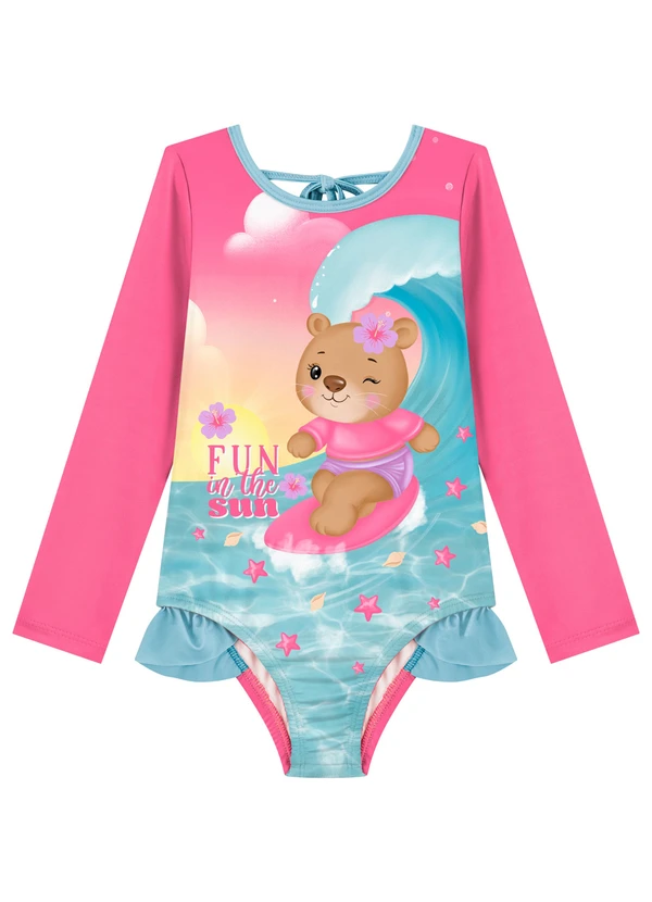 Marlan - Maiô Infantil Menina Manga Longa Estampado Rosa
