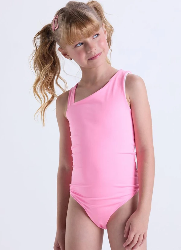 Vida Costeira - Maiô Infantil Uv50 Alças Assimétricas Liso Rosa 2