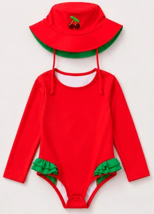 Vida Costeira - Maiô Infantil Uv50+ Manga Longa com Chapéu Cereja - VIDA COSTEIRA