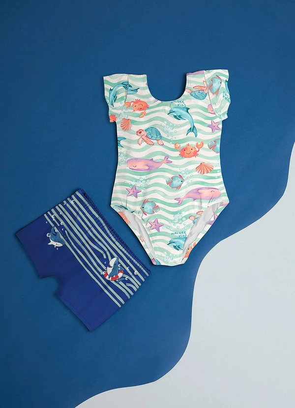 Malwee Kids - Maiô Verde Água Animais Aquáticos Malha Uv