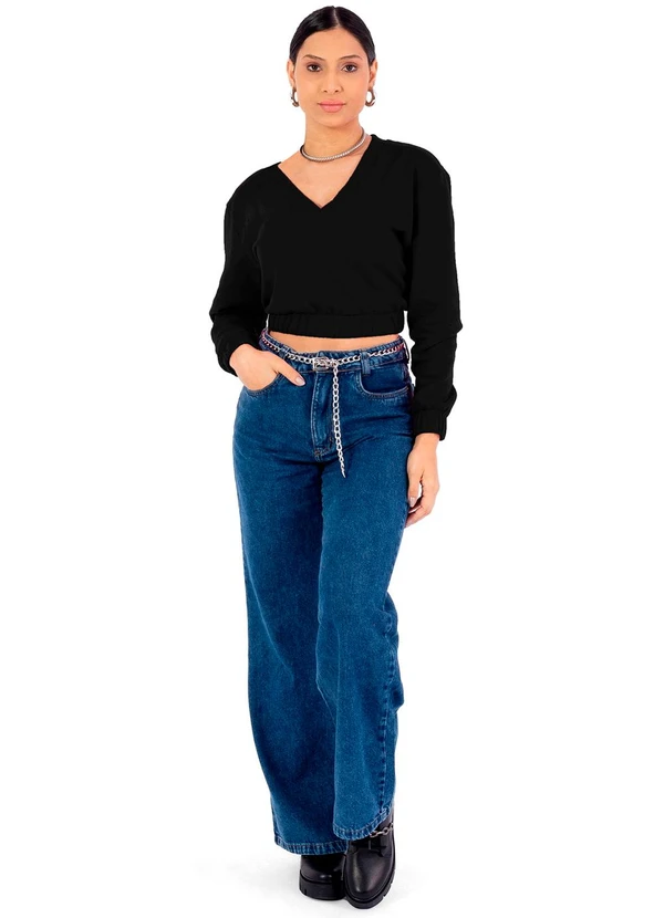 Cobertura - Blusão Feminina Moletom com Elástico Preto 2