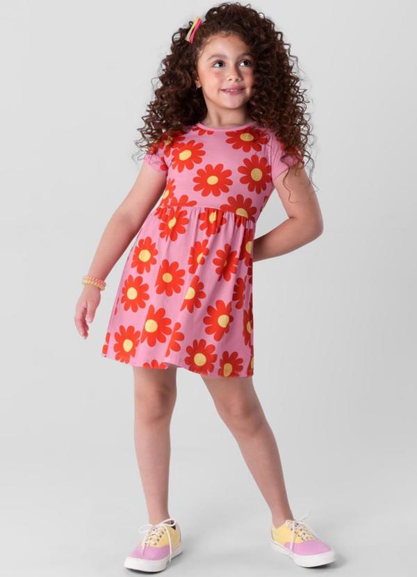 Brandili - Vestido Estampado Infantil Menina em Malha Rosa
