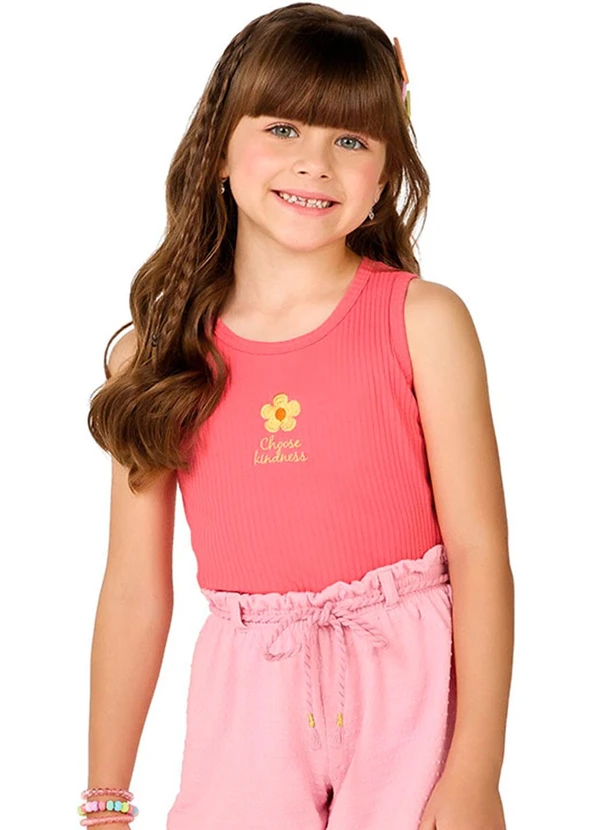 Marlan - Regata Canelada Infantil Menina com Bordado Rosa