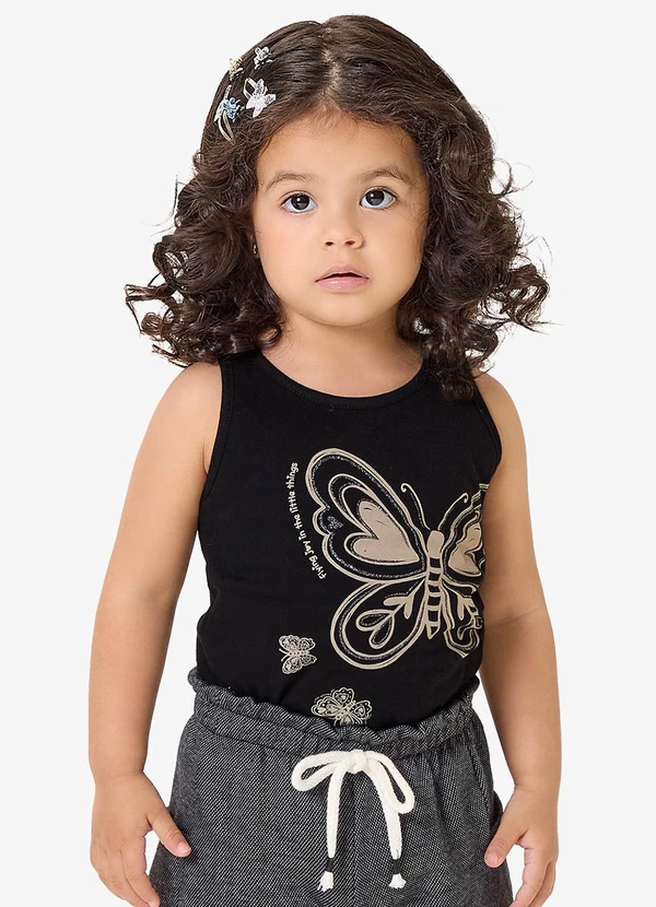 Rovi Kids - Regata Infantil Meia Malha com Estampa Preto