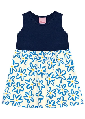 Duduka - Vestido Infantil Regata com Saia Flores  Azul  - DUDUKA