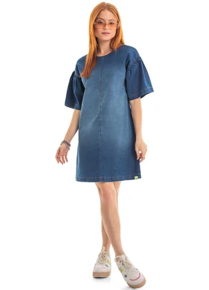 Gloss - Vestido Manga Curta em Jeans Azul - GLOSS