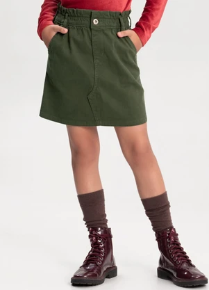 Alakazoo - Saia Curta com Bolsos em Sarja Verde - ALAKAZOO