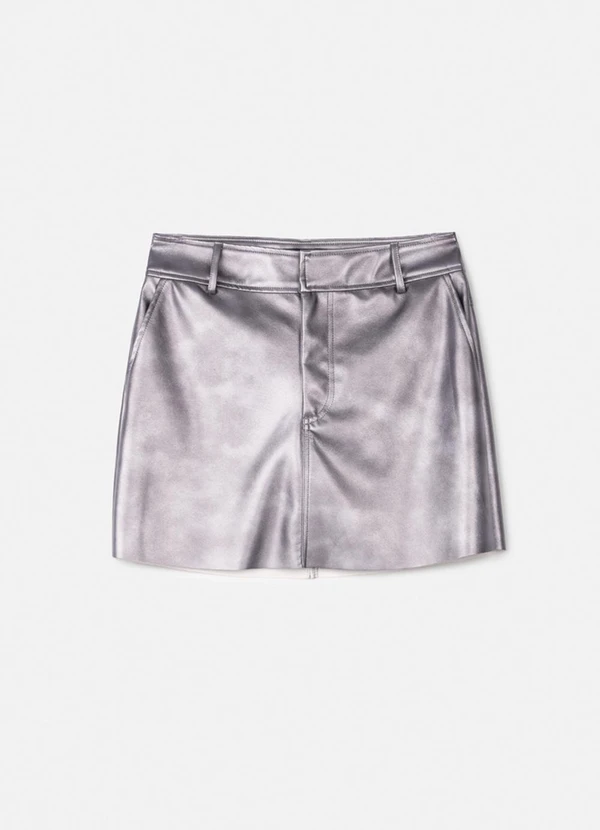 Authoria - Saia Fake Leather Prata Metalizado Chumbo