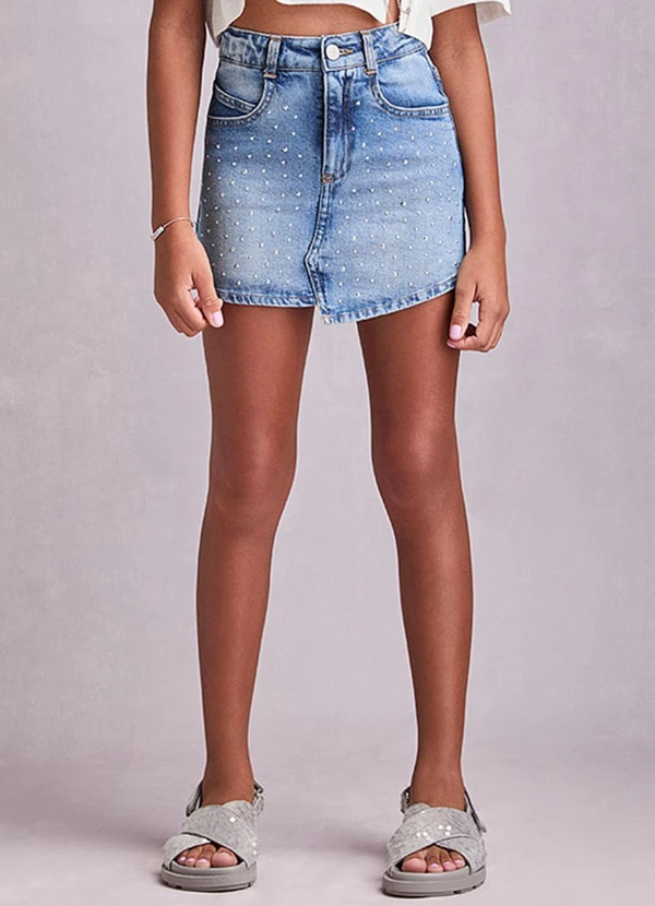 I Am - Saia Jeans Assimétrica com Strass Azul