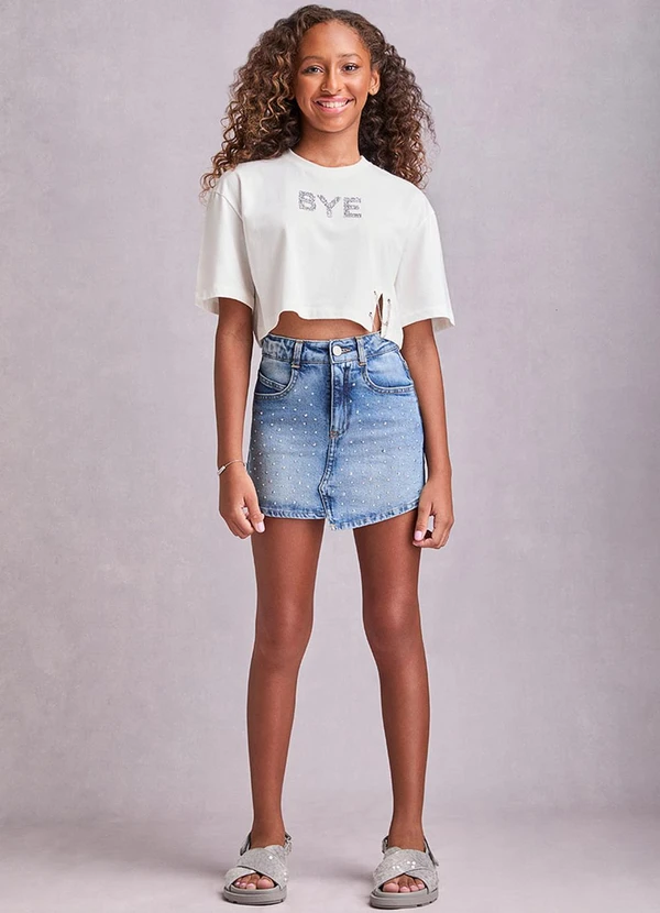 I Am - Saia Jeans Assimétrica com Strass Azul 3