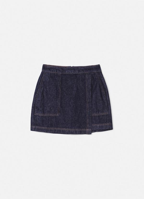 Authoria - Saia Jeans Transpassada com Pesponto Preto