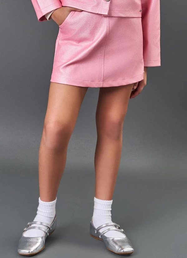 Catavento - Saia Menina em Courino Metalizado Rosa