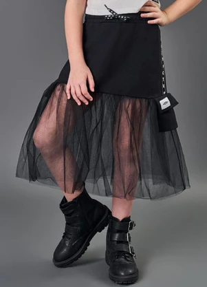 Catavento - Saia-Shorts Menina em Tule e Moletom Preto - CATAVENTO