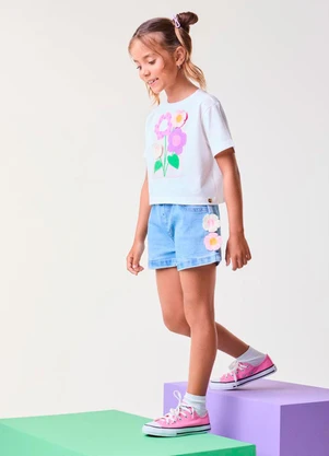 Bimbi - Short Jeans com Flor 3d de Crochê Azul - BIMBI