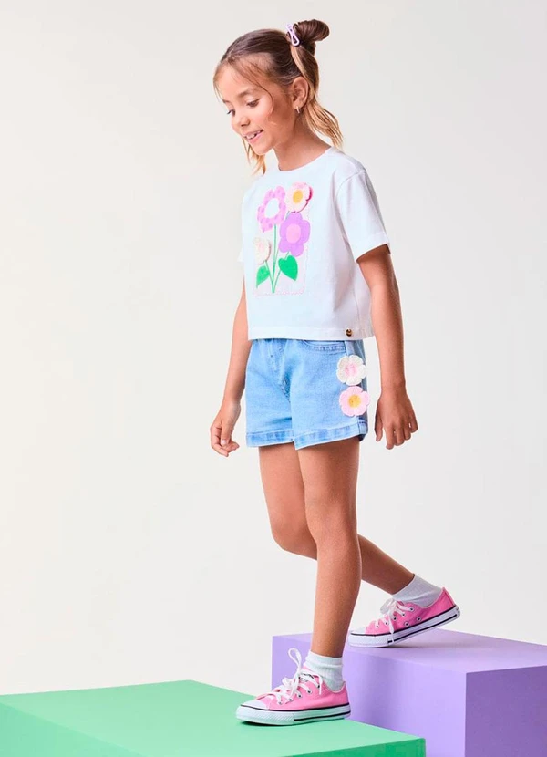 Bimbi - Short Jeans com Flor 3d de Crochê Azul 2