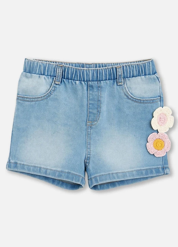 Bimbi - Short Jeans com Flor 3d de Crochê Azul 3
