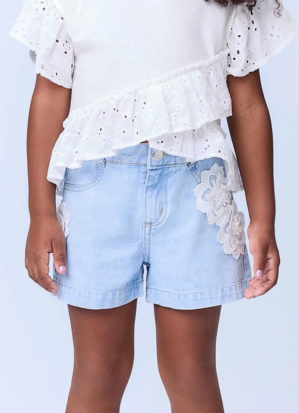 Momi - Short Jeans com Flores de Renda Azul