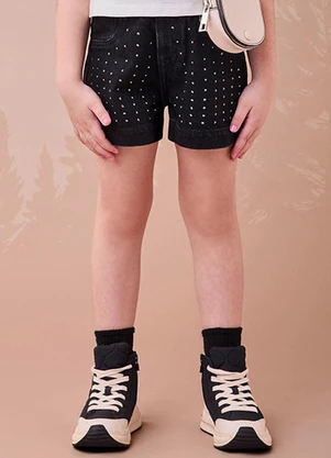 Momi - Short Jeans Preto com Strass Preto - MOMI