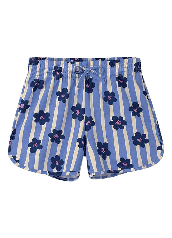 Malwee Kids - Shorts Básico Listras & Flores em Azul Claro