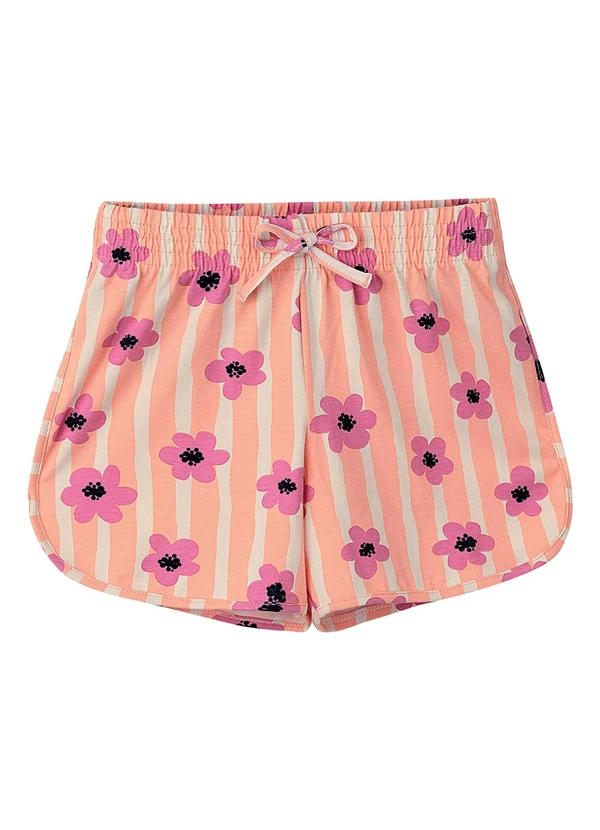 Malwee Kids - Shorts Básico Listras & Flores em Cotton Pêssego