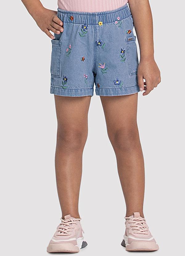 Alakazoo Shorts Jeans Infantil Menina com Bordado Flores Jeans