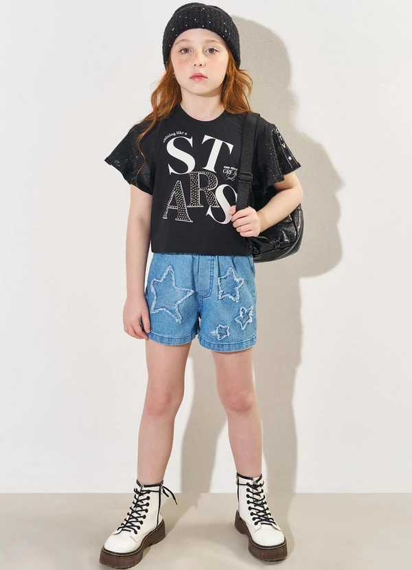 Catavento - Shorts Jeans Menina com Estrelas 3