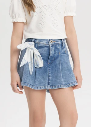 Alakazoo - Shorts Saia Jeans com Pregas e Elástico Azul - ALAKAZOO